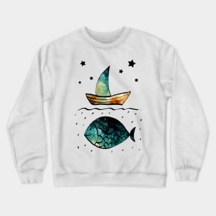 Watercolor Starry Sky, Fish and Sail Boat Crewneck Sweatshirt